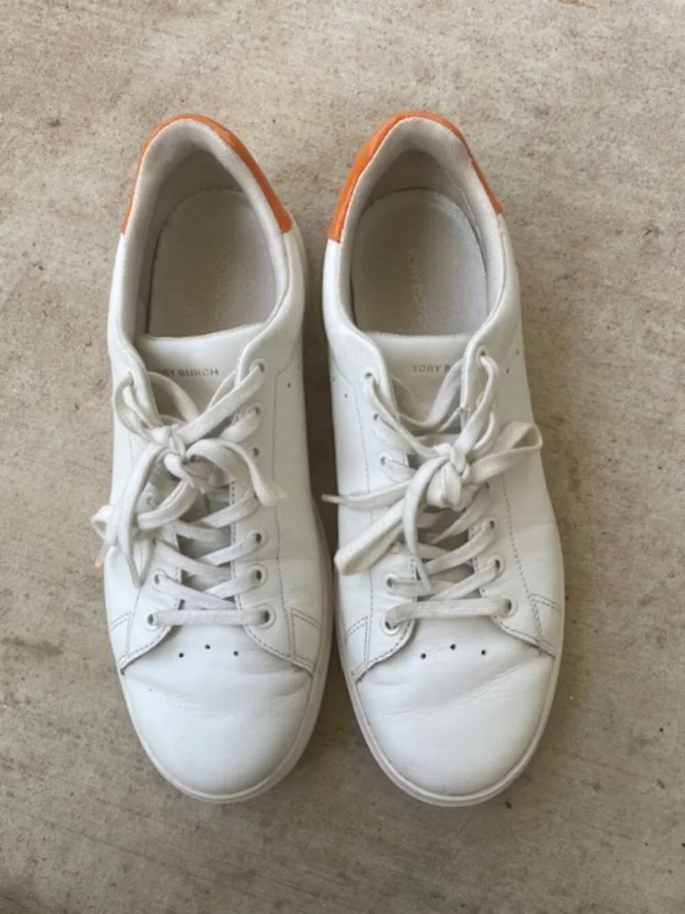 Tory Burch Women's Howell Court Leather Sneakers, White Orange, Size 9